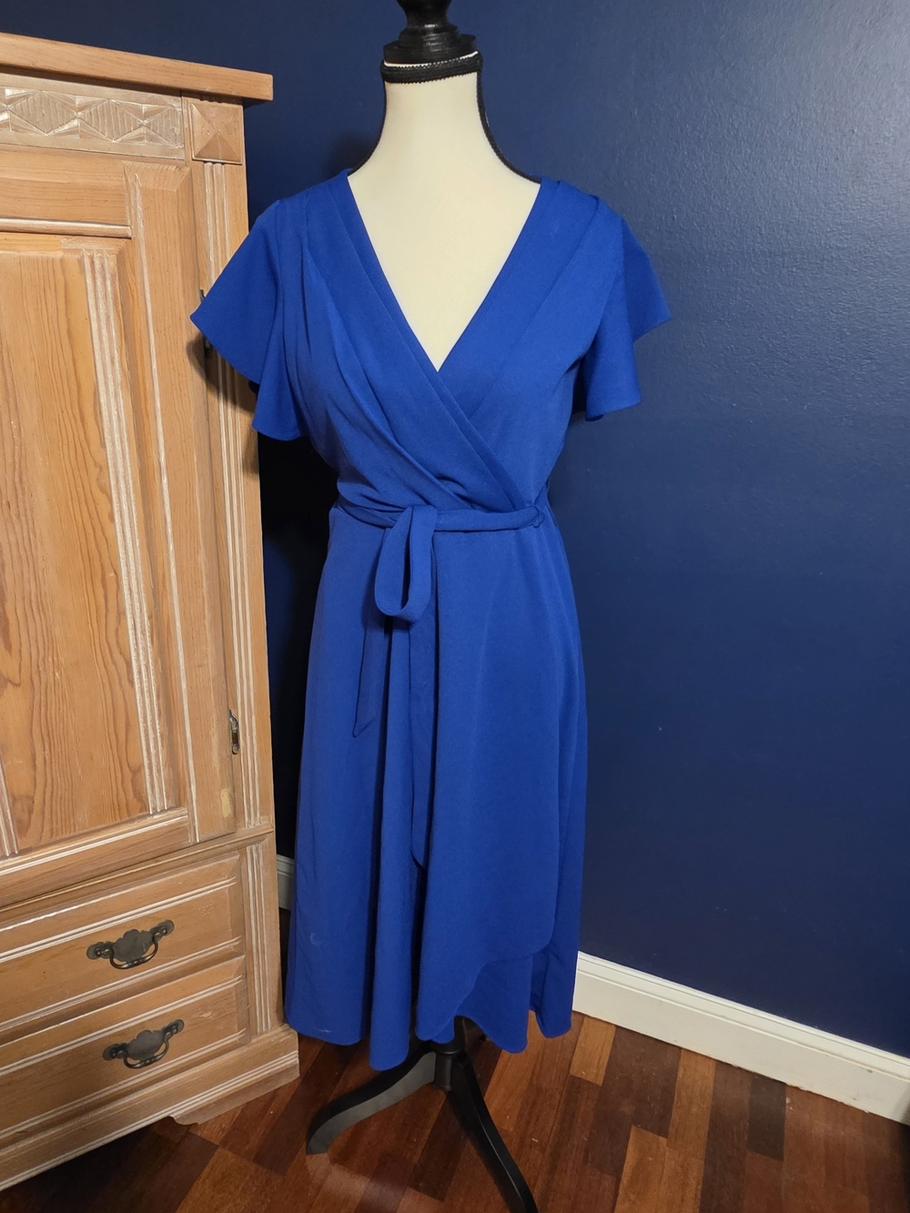New DKNY Cobalt Blue Wrap Midi Dress with Tie Waist